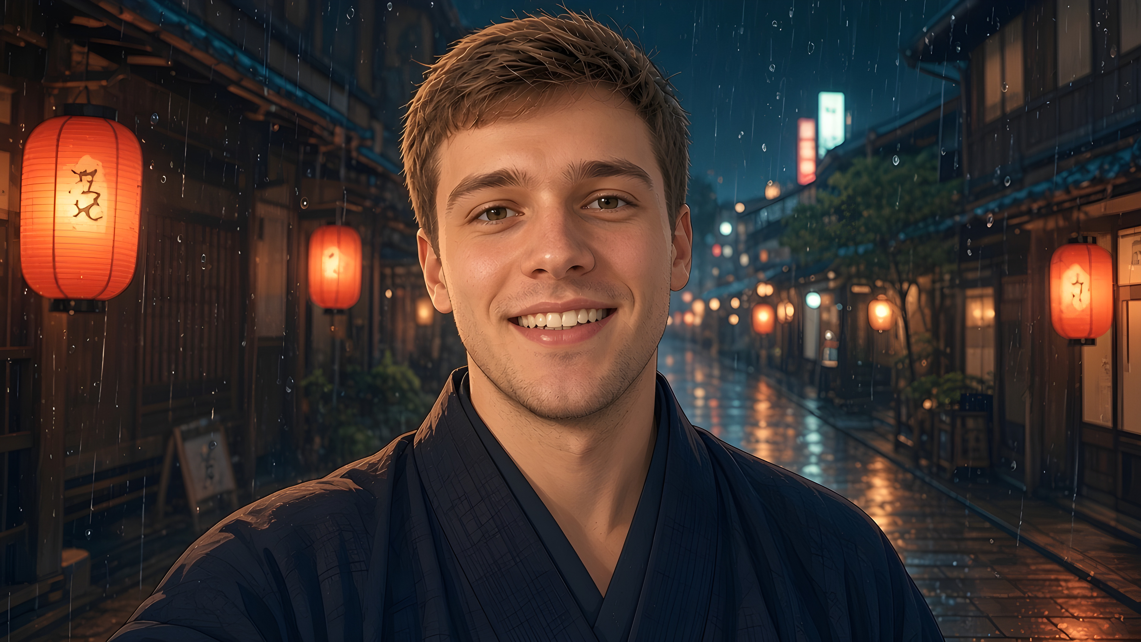 After: the same man in a dark kimono on a lantern-lit, rainy Kyoto street at night (sample)